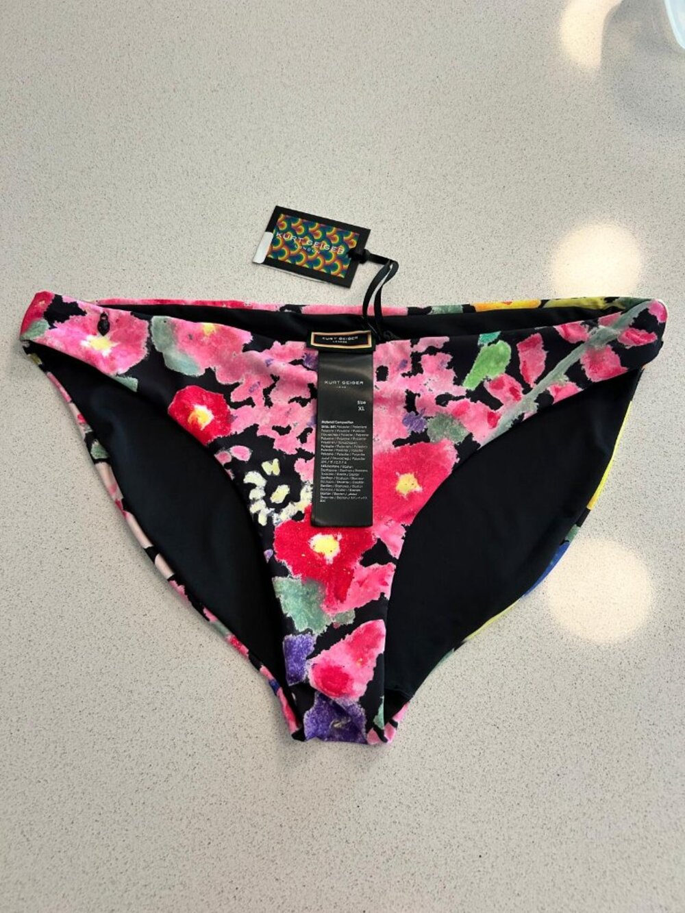 Kurt Geiger London Kensington Bikini Briefs XL NWT Black Rainbow Floral Swim